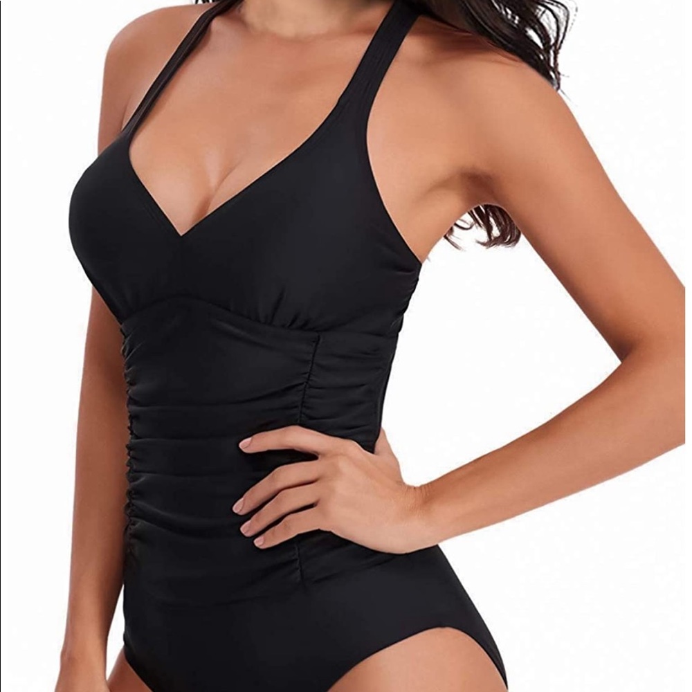 SHELY Black One Piece Cross Tummy Control Swimsuit